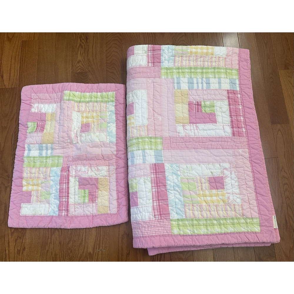 Pottery Barn Kids Patchwork Quilt &Sham Pink Green Blue cottage Girls Twin 68x86